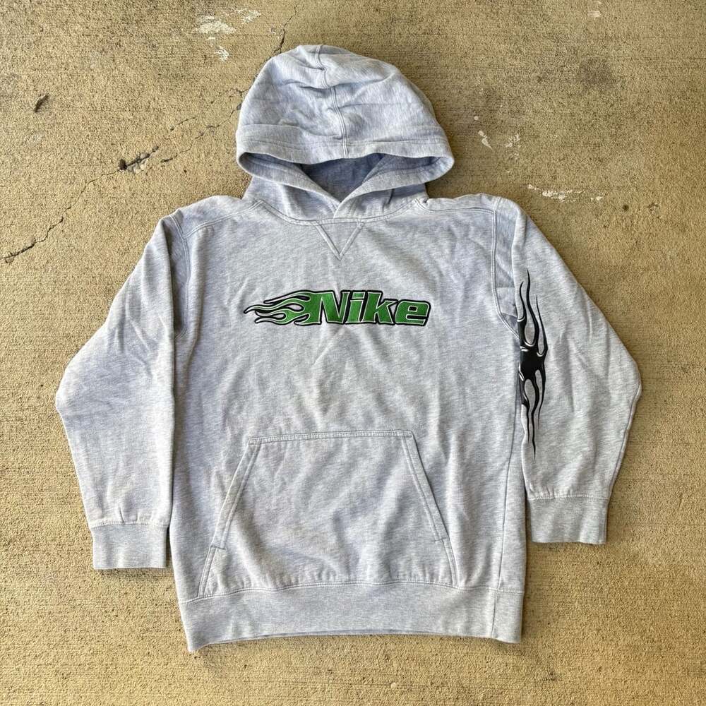 Nike Flame Hoodie Size L (14-16) Gray Green Black Spellout Embroidery Y2K